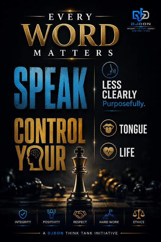 DJDON poster — Every Word Matters: Speak less, clearly, purposefully — control your tongue, control your life.