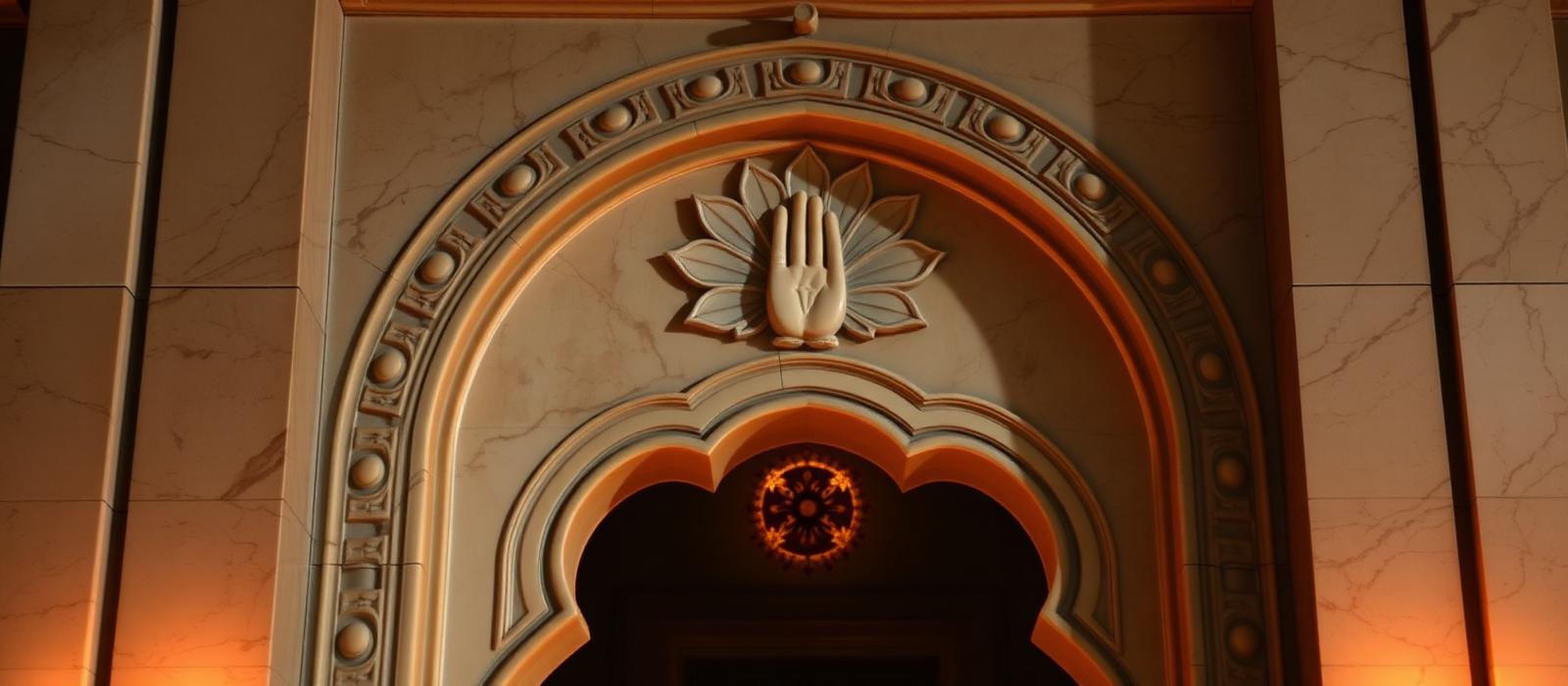 Carved marble Jain temple arch with lotus and hand of ahimsa
