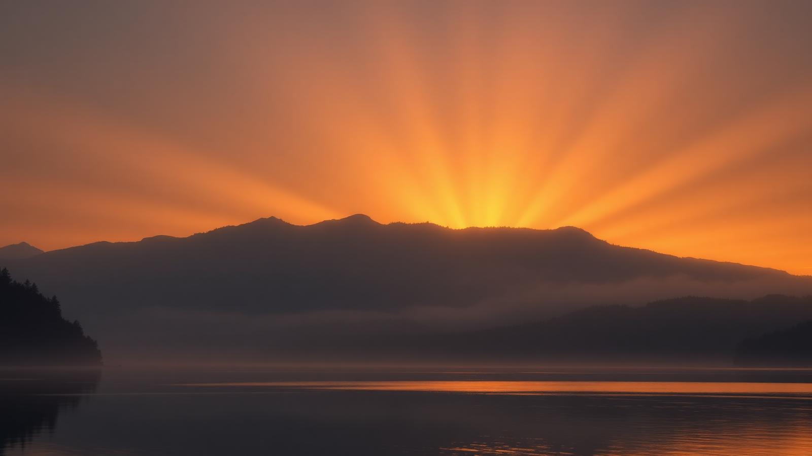 Golden sunrise over misty mountains