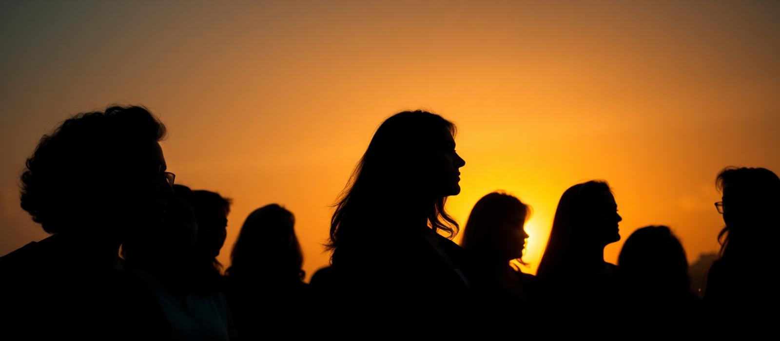 Silhouettes of women against a golden dawn sky